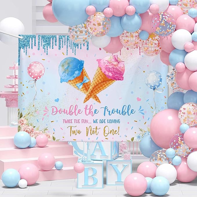 MEHOFOND 7x5ft Ice Cream Twins Baby Shower Banner Decroations, Double The Trouble Twice The Fun We are Having Two Not One Backdrop, Blue Pink Gender Reveal Party Decor Floral Gender Reveal Supplies