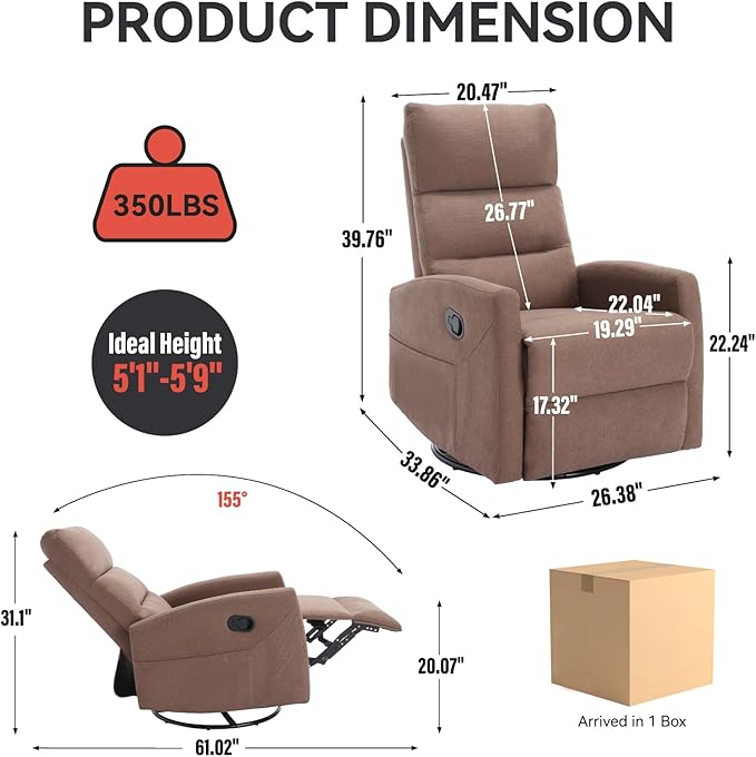 360° Swivel Rocking Chair for Nursery, Manual Glider Chair Nursing Chair with Side Pockets, Polyester Glider for Living Room, Heavy Duty Motion Mechanism, Brown
