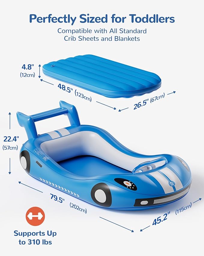 QPAU Inflatable Kids Bed, Toddler Travel Bed with Sides, for Camping, Traveling, Hotel, or Home Use, Hand Pump Included (Blue)