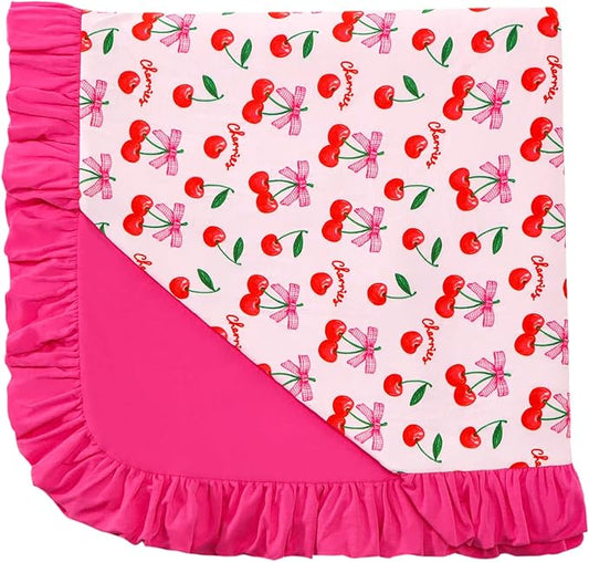Premium Baby Blanket for Girls, Stretchy Quilt, Soft Crib Bedding for Newborn Baby and Toddler, Ruffle Nursery Blanket for Kids, Viscose Made from Bamboo, 50''x50'' Sweet Cherries