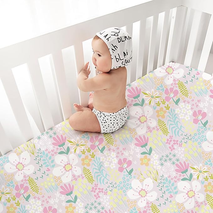 Little Grape Land Toddler Sheets 4 Pack – Baby Crib Sheets Fitted for Boys Girls, Standard Size 28x52‘’ Crib Mattress, Super Soft Breathable Washable Microfiber (Floral/Blossom/Dots/Blush Pink)