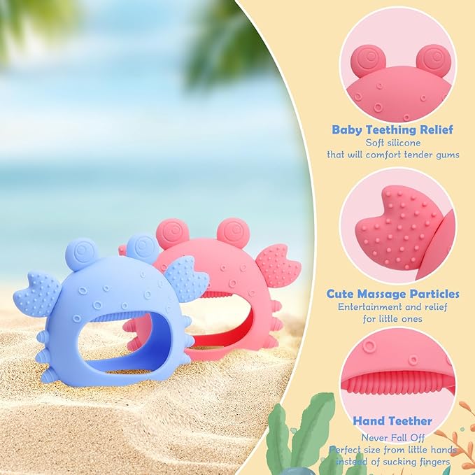 Anboor 2 Pack Baby Teething Toys,Silicone Teethers for Babies 0-6 Months Anti Dropping Hand Teether,Infant Baby Chew Toys for Teething Relief,Ideal Thing for Newborn Soon-to-be Mothers (Pink&Blue)