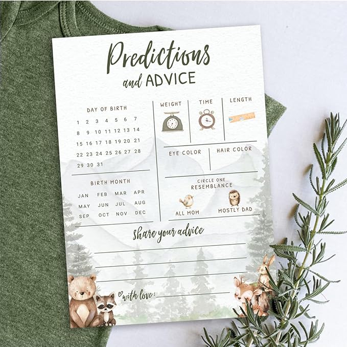 Printed Party Baby Predictions & Advice Cards – Woodland Adventure Baby Shower Game, Adorable Forest Animals Theme for Boy, 30 Pack