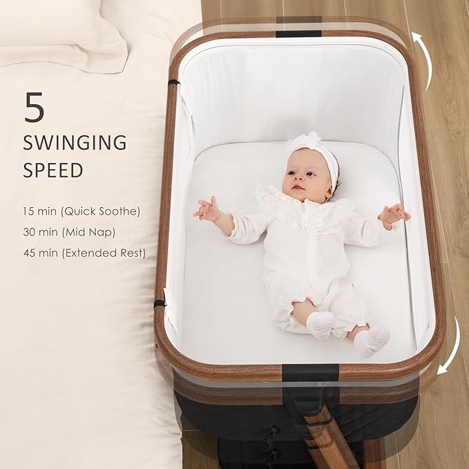 Electric Smart Baby Bassinet & Bedside Bassinet with 5 Rocking Speeds, 3 Timer Modes, 12 Soothing Musics, 6 Adjustable Heights, Large Storage Basket (Black)