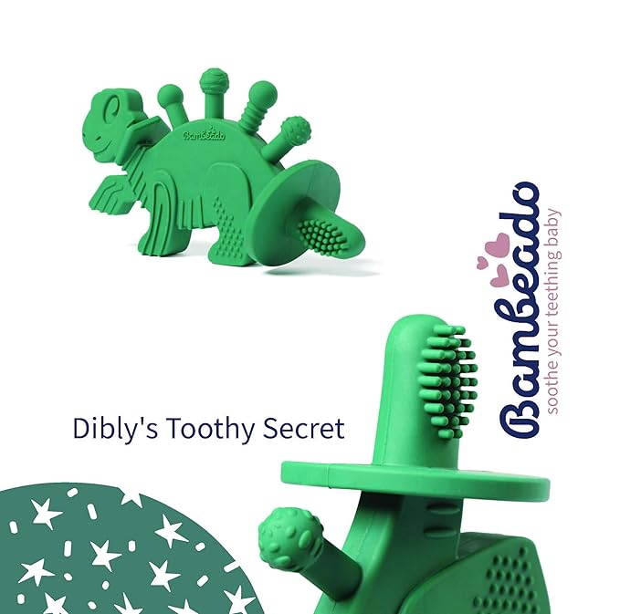 Baby Teether Toy and Training Toothbrush: Dibly - The Dino Baby Teething Toys BPA-Free Teethers Inspired by Nature with Natural Rubber Pacifier