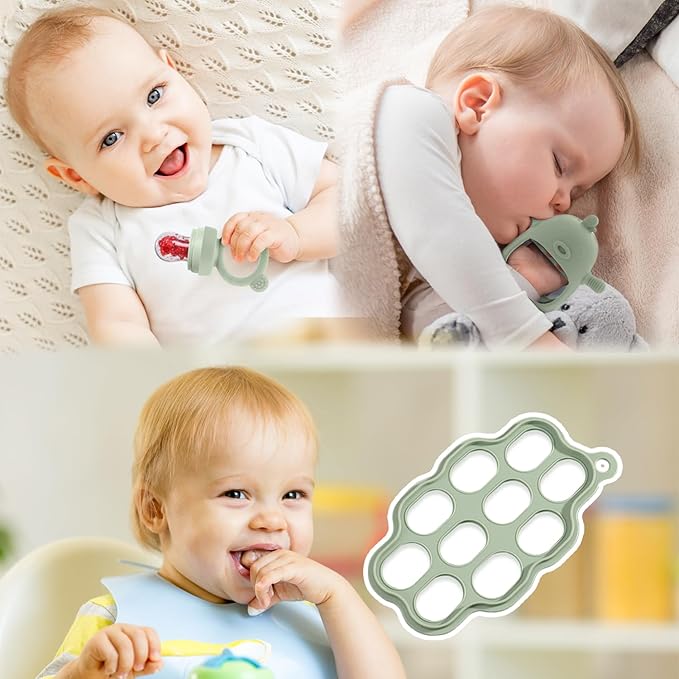 Baby Fruit Feeder Pacifier - 3 Pack | 1 Baby Food Feeder & 1 Baby Teether & 1 Baby Popsicle Molds | Breastmilk Popsicle Molds | Baby Teething Toys | Baby Fruit Food Feeder Pacifier Babies (Pea Green)