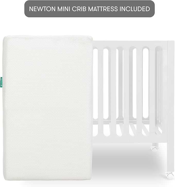 Newton Baby Galileo Mini Crib Solid Beech Wood with Wheels in White Color, Adjustable Mattress Height, Ultra-Safe Non-Toxic Finish, Mini Crib Mattress Included