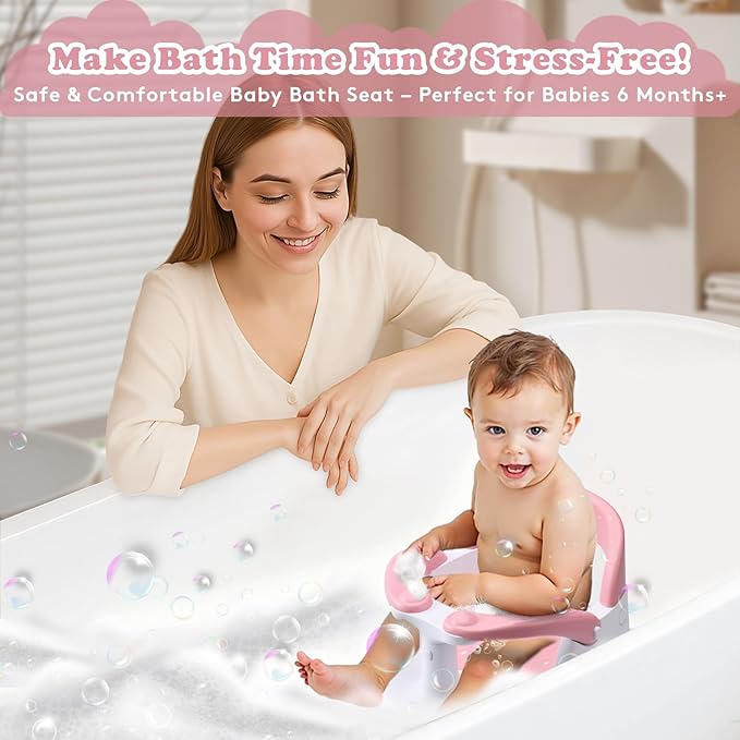 Baby Bath Seat for Babies Sitting Up with Temperature Alert+Soft Cushion+Suction Cup,Infant Bath Seat for Baby 6 Months & Up,Baby Bath Chair Toddler Bath seat for Bathtub Tub Pink
