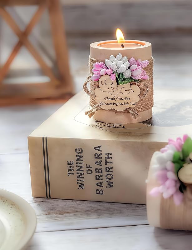 Ju's Favors Wooden Candle Holders (Set of 10), Baby Shower Favors, Candle Favors for Guests, Baby Christening Party Favors for Guests.(Light brown-pink)