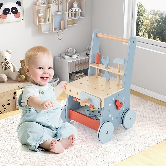 HONEY JOY Baby Push Walker, Wooden Toy Tool Bench & Activity Walker w/Shape Sorter, Develop Motor Skills & Creativity, Push Toys for Babies Learning to Walk, Gift for Boys and Girls, Blue
