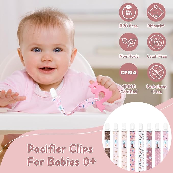 ALVABABY Pacifier Clips for Neutral Boys Girls 8 Pack Paci Binky Holder Leashes Rainbow 8DP09A