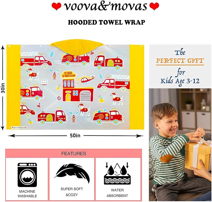 VOOVA & MOVAS Kids Bath Towels for Boys, Ages 3-10, 30''X50, | Soft Thick Absorbent Cotton, Beach | Pool | Bath Hooded Towels, Yellow Fire Truck