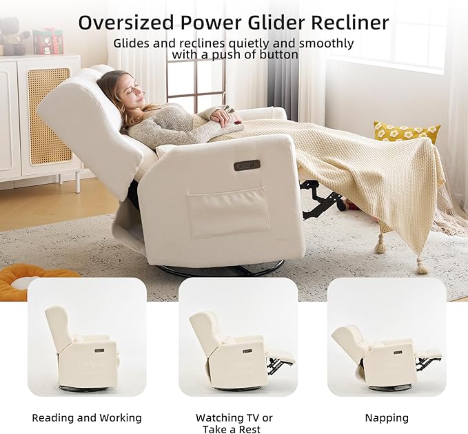 Oversized Swivel Rocker Recliner Chair, 26" Extra Wide Glider Nursery Chair with Adjustable Headrest, Chenille Power Recliner Rocking with Double Cushion, Cup Holder, White