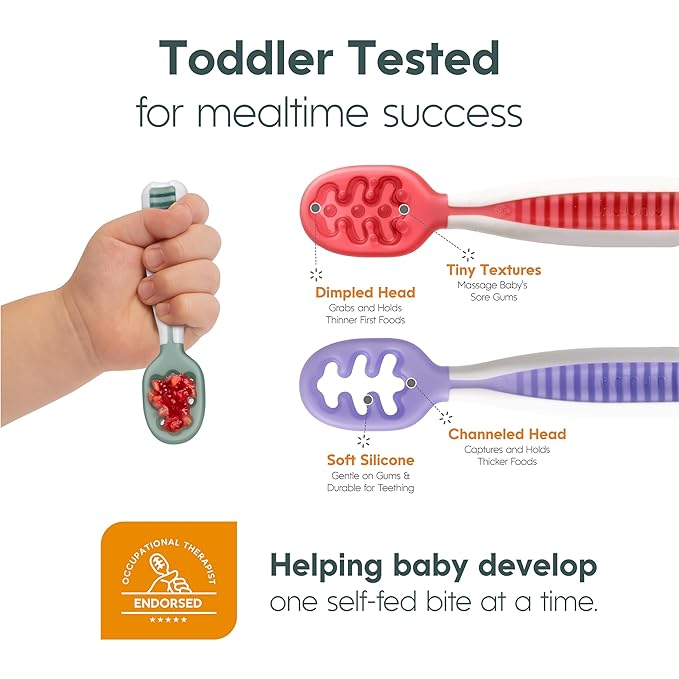 NumNum Baby Spoons Set, Baby Essentials Pre-Spoon GOOtensils for 6+ Months, First Stage Self-Feeding Spoons for Baby Led Weaning (BLW), Silicone Toddler Utensils, BPA-Free, 4 Pack Beach Picnic