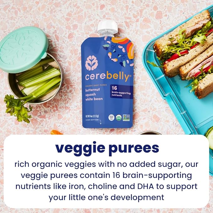 Cerebelly Organic Baby Food Pouches – Organic Hearty Veggie Purees | 16 Nutrients, No Added Sugar, Non-GMO | Blended Toddler Food | 4oz BPA-Free | 4 Flavors | 8 Pack