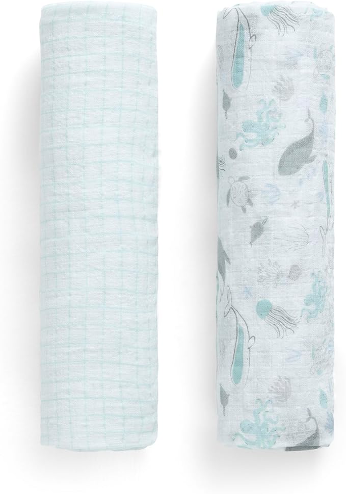 Delta Children 100% Cotton Muslin Baby Receiving Blankets for Girls and Boys – 47x47 Inches (Pack of 2), Sea Life