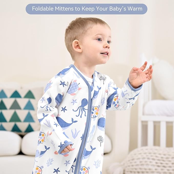 Baby Sleep Sack 6-12 Months, Long Sleeve Baby Wearable Blanket 0.5 Tog with Mittens, 2-Way Zipper Infant Cotton Sleeping Sack for Boy and Girl Blue Sea 2 Pack (Medium)