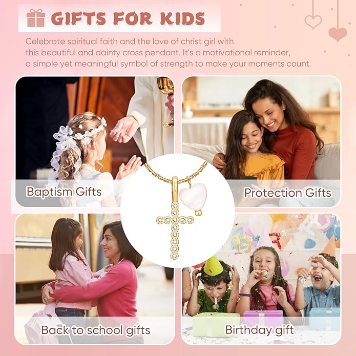 Delicate Cross Necklace for Girls : Gold Plated Pearl Heart Cubic Zirconia Cross Chain Necklace Christening Jewelry Baptism First Communion Confirmation Easter Gifts Teen Kids Little Girl