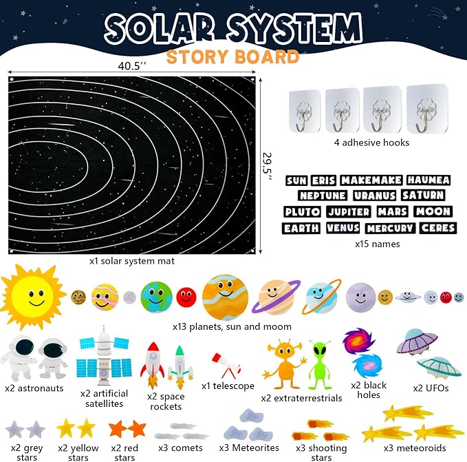 Solar System for Kids 3-5 5-7 with 63pcs Felt Board Story Sets Girl Boy Toys Preschool Montessori Learning Toy Wall Busy Board Astronaut Space Planets Birthday Gifts 3 4 5 6 7 8 Year Old Stem Toy