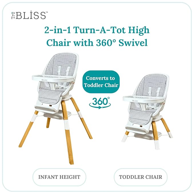 Turn-A-Tot High Chair for Babies and Toddlers, 2 in 1 Wooden Portable Baby Feeder or Adjustable Child's Seat with 360 Degree Swivel, Removable Tray, and Pad (Gingham)