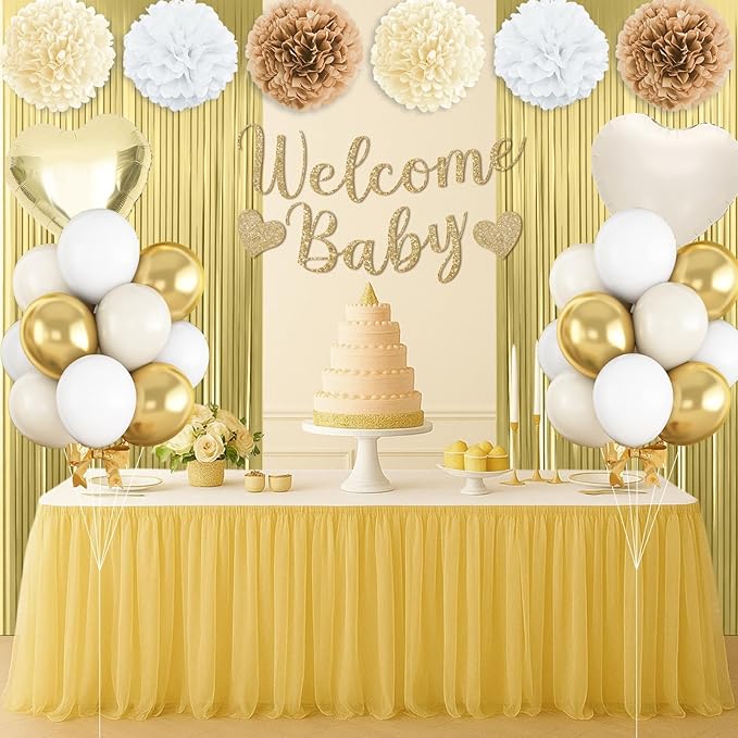 Gold White Baby Shower Decorations,Welcome Baby Banner with Sand White Gold Balloons Fringe Curtains Paper Pom Poms Flowers Tassels for Girl Boy Boho Baby Shower Gender Reveal Party Supplies