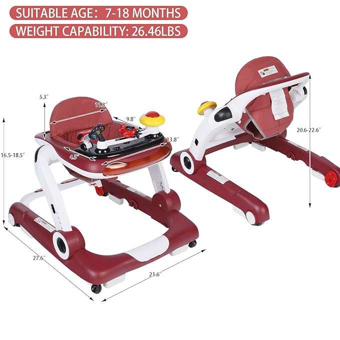 Kinder King Baby Walker with Music & Lights, 5 in 1 Baby Bouncer Activity Walker, Adjustable Height & Seat, Learning-Seated & Toddler Walk-Behind, Safety Bumper, Infant Walker Anti-Rollover, Red