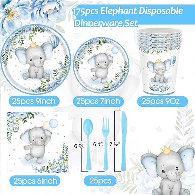 Elephant Baby Boy Shower Party Supplies - 175pcs Blue Elephant Party Decorations Paper Plates Napkins Cups and Utensils Tableware Sets Blue Floral Theme Birthday Party Tableware Set