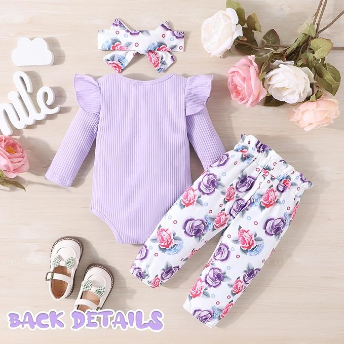Baby Girl Clothes Newborn Infant Outfits Ruffle Romper+ Floral Pants + Cute Headband Sets for Girls