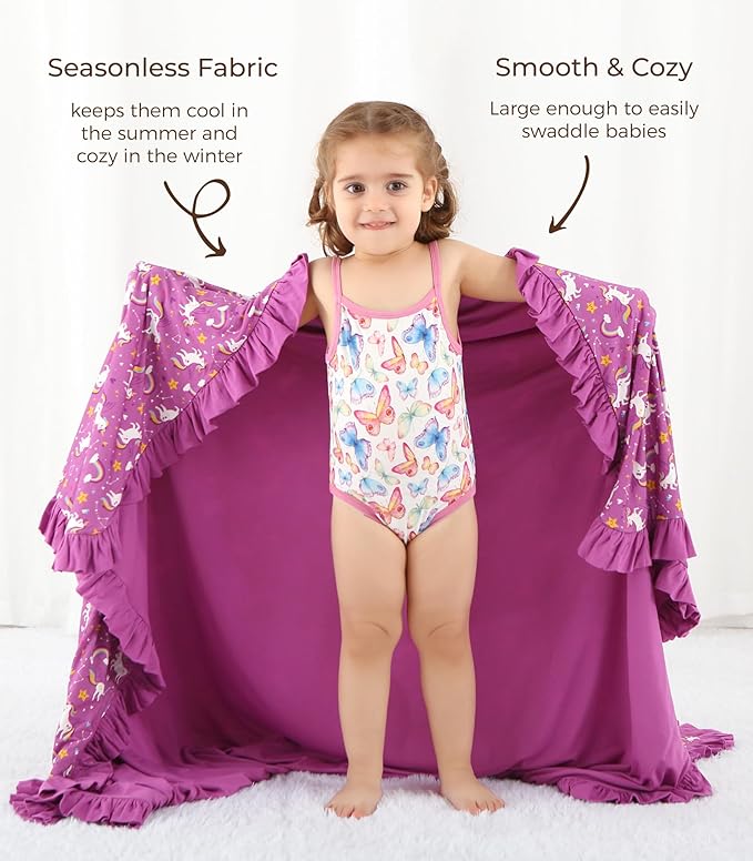 Premium Baby Blanket for Girls, Stretchy Quilt, Soft Crib Bedding for Newborn Baby and Toddler, Ruffle Nursery Blanket for Kids, Viscose Made from Bamboo 50''x50'' Purple Unicorn