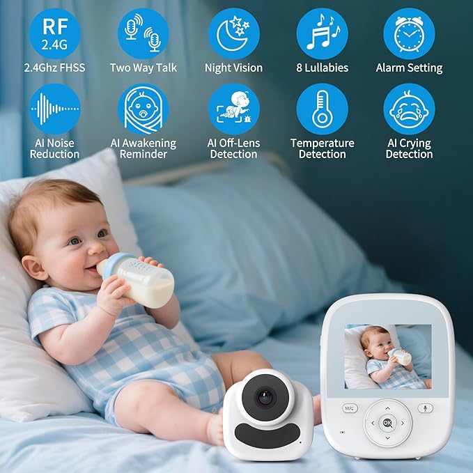 Baby Monitor with Camera and Audio, 2.8" Video Baby Monitor with Secure Transmission No WiFi, Night Vision, Temperature Sensor, Two-Way Talk, Al Off-Lens Detection, Feeding Reminder