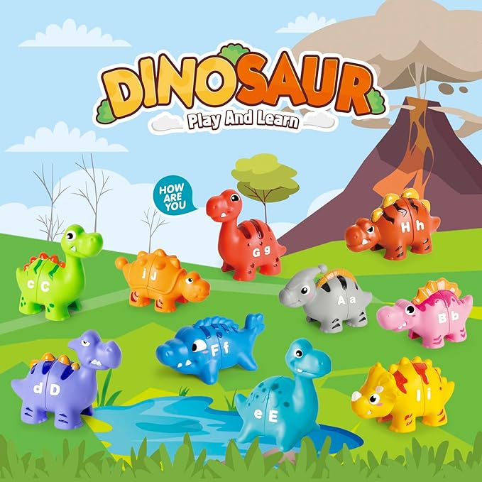 52PCS Dinosaur Alphabet Learning Toys for Toddlers 3-5, 10 Different Dinosaur Figures, Montessori Educational Toys Gifts for Boy Girl, Preschool Learning Activities, Double Sided ABC Matching Game