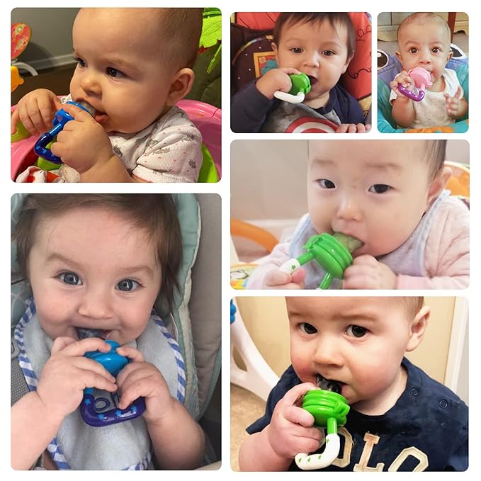 Baby Fruit Feeder/Food Feeder Pacifier for Babies (2 Pack) - HAOBAOBEI Mesh Teethers for Babies, Infant Teething Toy in Appetite Stimulating Colors, Bonus Includes 3 Sizes Silicone Pouches