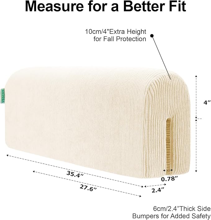 Bed Rail Bumpers Protector, Hospital Bed Rails Padding, Loft Beds and Bunk Beds Bumpers Protector, Premium Soft Memory Foam - Anti-Bump | Fall Prevention, Size 27.6 x 5.5 x 7.9 Inches, Beige