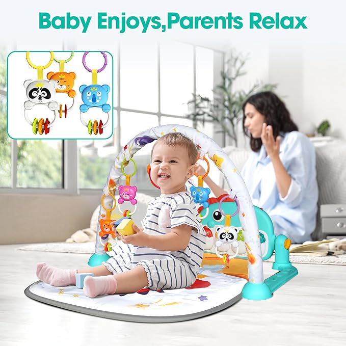 Baby Play Mat,Funny Tummy Time Mat Toys,Music & Light Kick and Play Piano Mat, Baby Play Gym for Newborn Infant,Baby Activity Center Mat with 5 Sensory Baby Toys 0-6-12 Months Dinosaur Theme