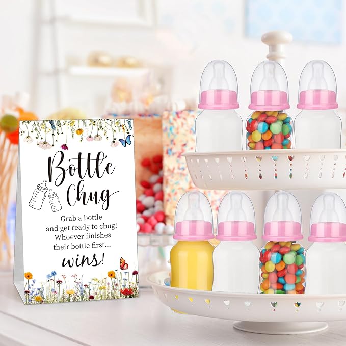 TrelaCo Bottle Chug Baby Shower Game Sign 20 Pcs Baby Bottles Shower Favor Plastic Greenery Flowers Bear Elephant Butterfly Gift Set for Gender Reveal Party (Wildflower,Blue)