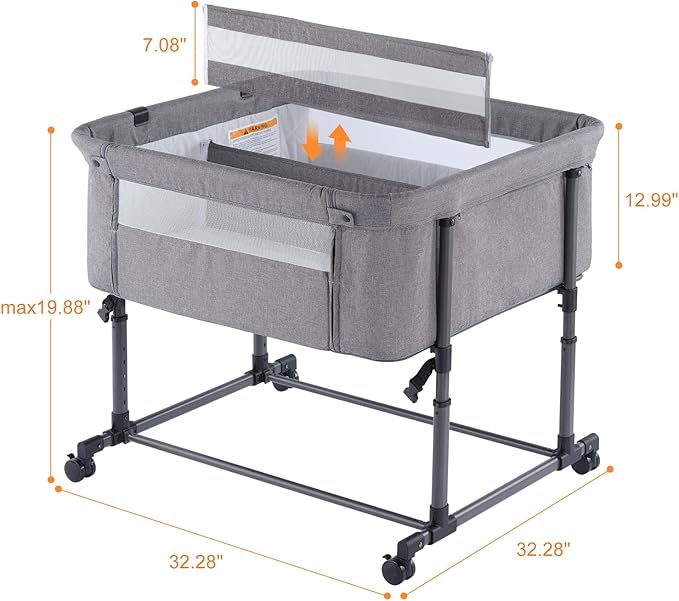 MTWML Twin Bassinet for 2 Babies,Portable Twins Crib with Storage Bag and Replaceable Mattress Cover,Adjustable Height Double Bedside Crib Attaches to Bed with Strap for 0-6 Months (Deep Grey)
