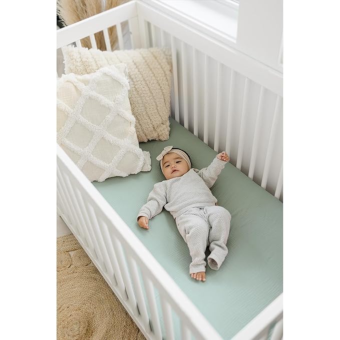 Konssy Muslin Crib Sheets for Girl Boy, 2 PCS Soft and Breathable Cotton Baby Sheets for Standard Crib Mattress, 52"x 28" (Green, Cream)