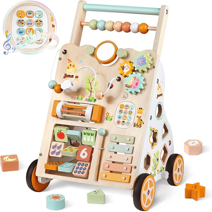 Baby Push Walker, Wooden Baby Walker for Girls Boys, Montessori Activity Center for Babies, Adjustable Speed & Height for Toddlers, Educational Push Toy for Kids Development