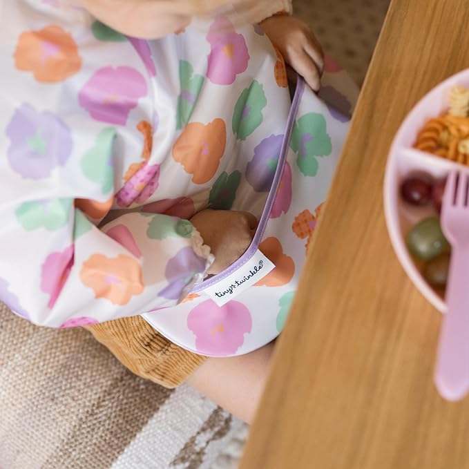 Tiny Twinkle Mess Proof Baby Bib,Waterproof Smock Baby Bib for Eating,Machine Washable Long Sleeve Bib,Baby Led Weaning,Toddler Bib (Floral Pop, Small 6-24 Months)