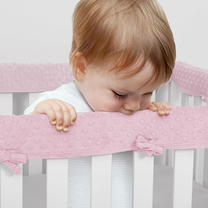 Plush Pink 3pcs New Teething Edge Crib Rail Cover&Corner Guard Coverage Straps,Reversible Guardrail Cover Protector for Boys Girls(1 Long 2 Short)