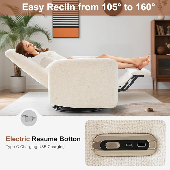 Nursery Rocking Chairs, 270° Large Power Swivel Glider Rocker Recliner w/USB & Type-C Charging Port, Rotating Rocking Reclining Nursing Chair for Breastfeeding, Living Room,Bedroom,Beige