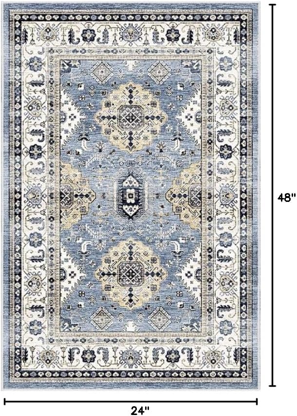 Dripex Vintage Washable Area Rug - 2x4 Indoor Door Mat Oriental Medallion Accent Throw Rug Distressed Foldable Non-Slip Low-Pile Bathroom Kitchen Rug for Entryway Laundry Room Living Room Bedroom