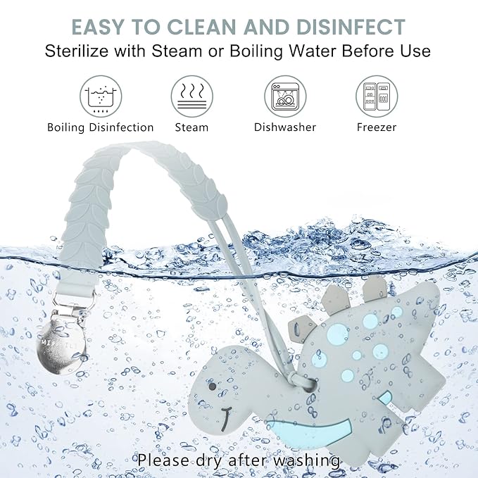Teething Toys for Babies, Baby Teethers with Clip Silicone Baby Teether Toys for Boys and Girls Infant Teething Relief for Teething Dinosaur Shape, Gray