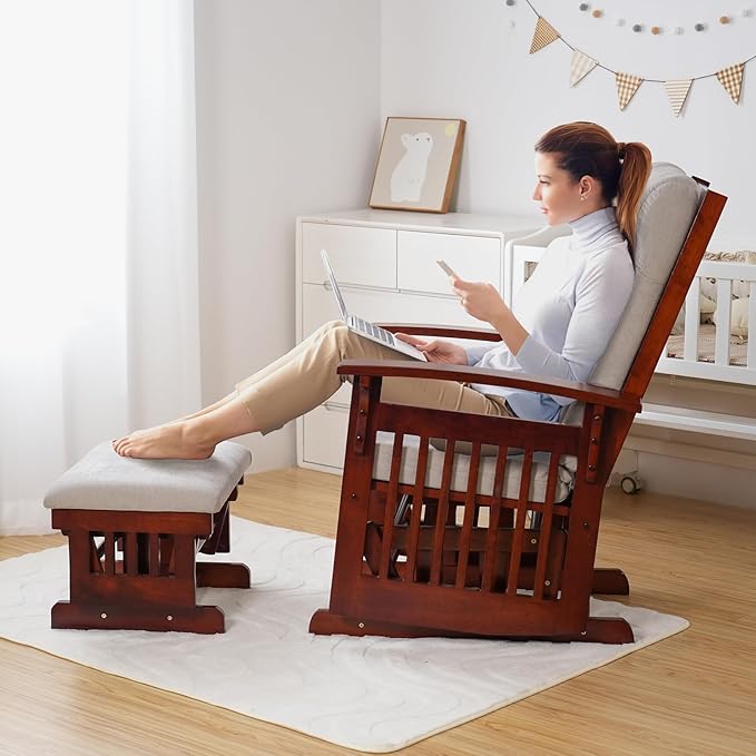 Glider Rocking Chair Nursery with Ottoman Smooth Rocking Motion, Easy to Assemble, Solid Hardwood Base Indoor Adult (White)