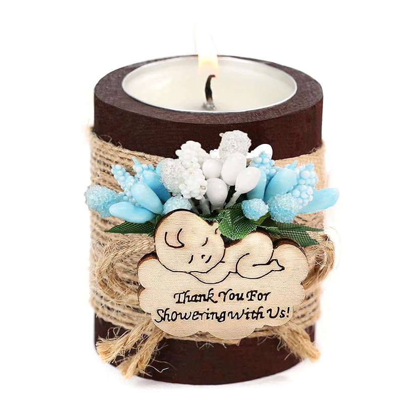 10 Handmade Wooden Tealight Candle Holders, Baby Shower Party Favors for Guests, Gender Reveal Party Gifts, with Personalized Tags, Baby Boy Gender Reveal. (dark brown-blue)