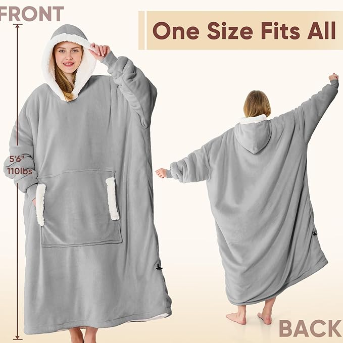 yescool Wearable Blanket Hoodie - birthday gifts for Adults/Women/mom, Flannel Cozy Sherpa Fleece Blanket Sweatshirt with Hood, Pocket & Sleeves,Largre, One Size Fits All (Cloud)
