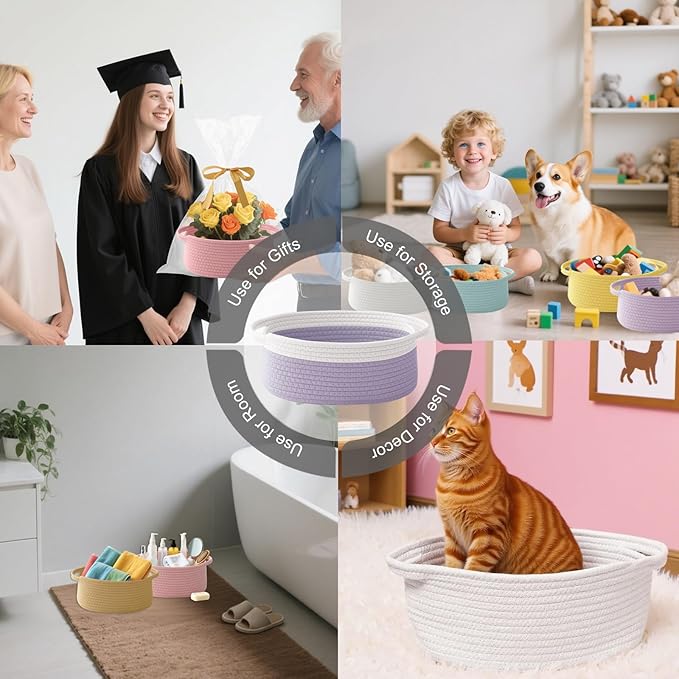 Gift Basket with Gift Bag and Ribbons,Small Rope Woven Shelf Storage,Baskets for Gifts Empty,Birthday,Shower,Decorative Organizer Box for Cat Dog Pet with Handles(White&Purple)