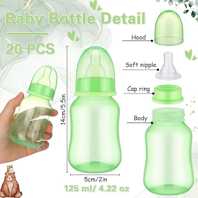 TrelaCo Bottle Chug Baby Shower Game 20 Pcs Baby Bottles Shower Favor with 1 Animal Theme Sign for Gender Reveal Party Supplies Gifts(Transparent Green)