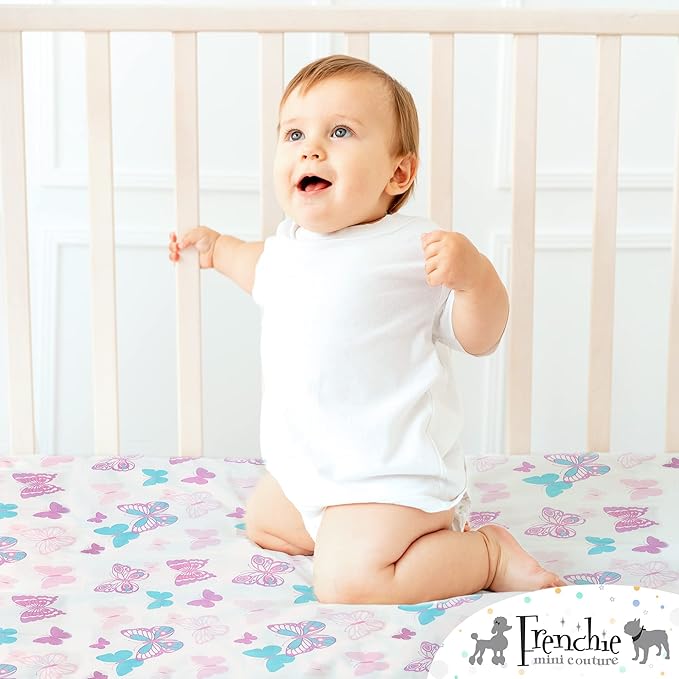 Fitted Pack n Play Sheets, 2 Pack, 100% Woven Cotton, Pack and Play Mattress Sheets, Fits Most Mini Crib & Playard, 27 x 39 x 4in, Butterfly