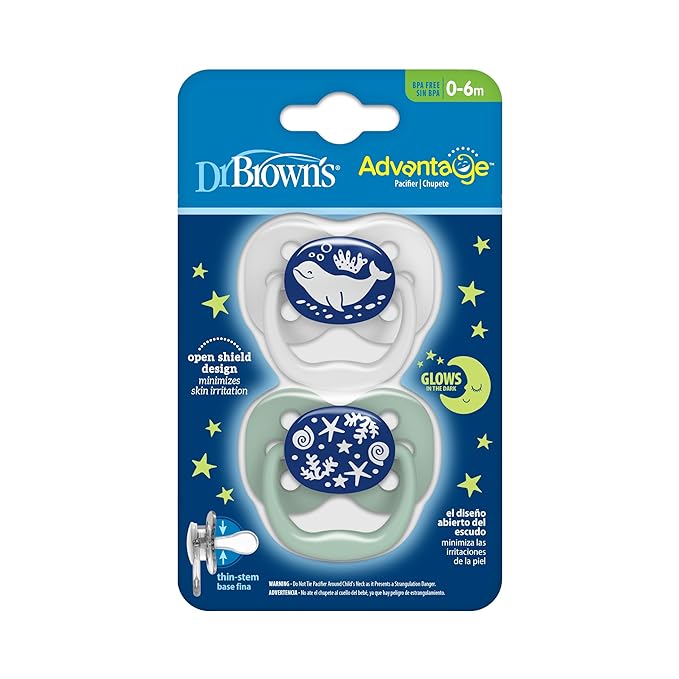 Dr. Brown's Advantage Baby Pacifiers, 0-6 Month, Blue, 2 Count and Dr. Brown's Advantage Baby Pacifiers, Glow-in-The-Dark, 0-6 Month Pacifiers, Blue, 2 Count